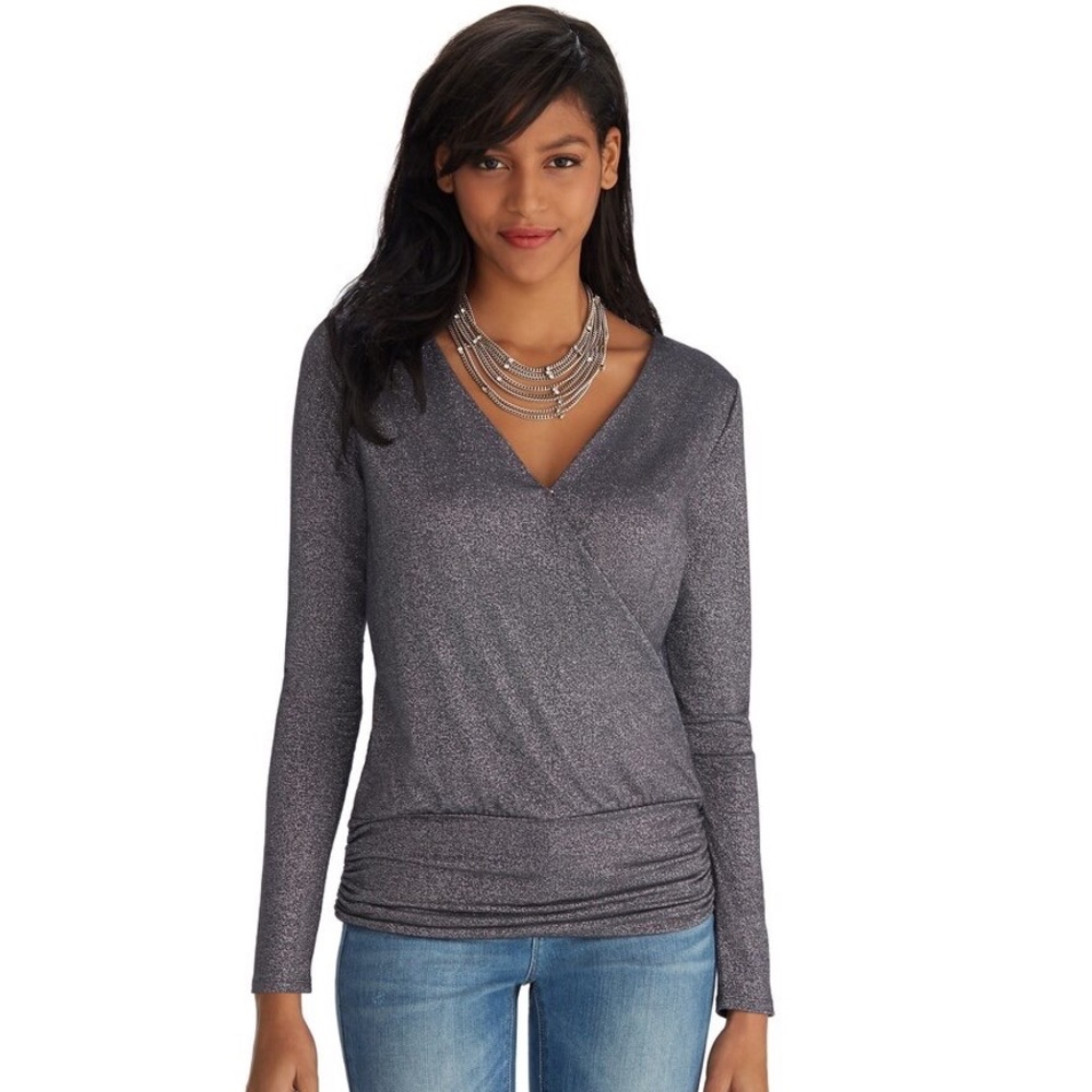WHBM Shimmer Surplice Faux Wrap Metallic Top L